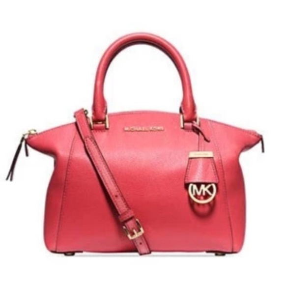 Michael Kors Pebbled Leather Coral Riley Medium Satchel Bag with Gold Hardware - Picture 14 of 15